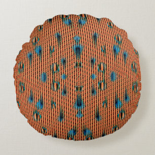 Burnt Orange and Blue Fabric Pattern Round Pillow