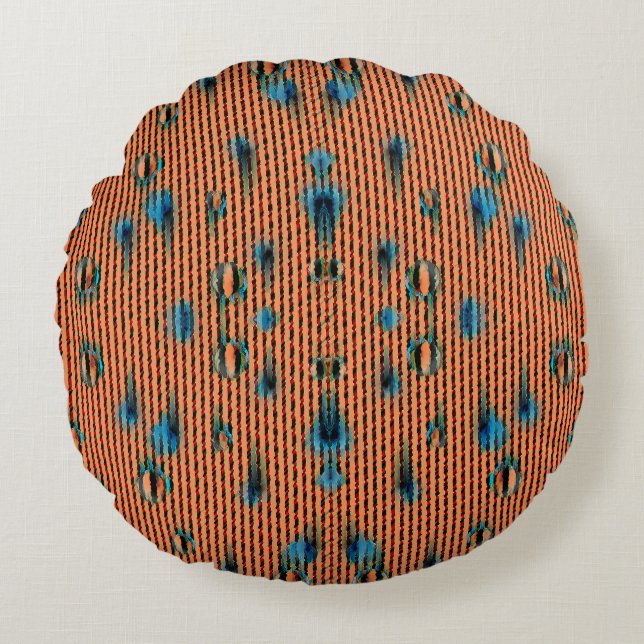 Burnt Orange and Blue Fabric Pattern Round Pillow (Front)