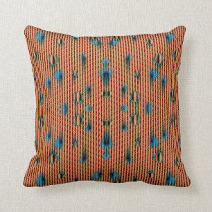 Burnt Orange and Blue Fabric Pattern Throw Pillow
