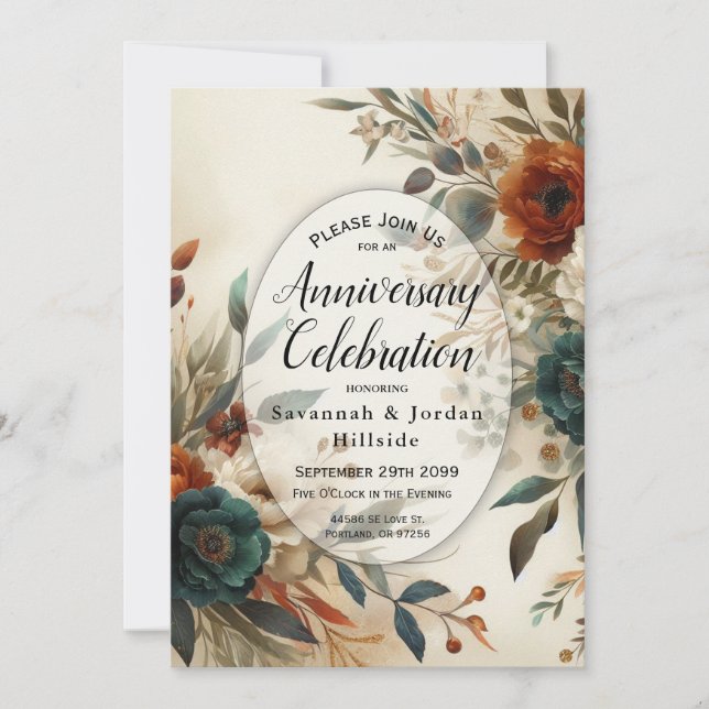 Burnt Orange and Blue Fall Flowers Anniversary  Invitation (Front)