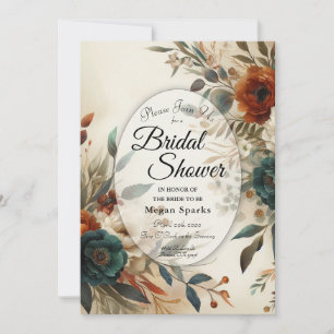 Burnt Orange and Blue Fall Flowers Bridal Shower Invitation