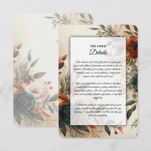 Burnt Orange and Blue Fall Flowers Wedding Enclosure Card (Front/Back)