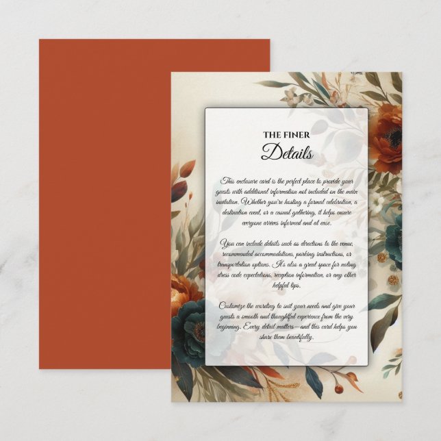 Burnt Orange and Blue Fall Flowers Wedding Enclosure Card (Front/Back)