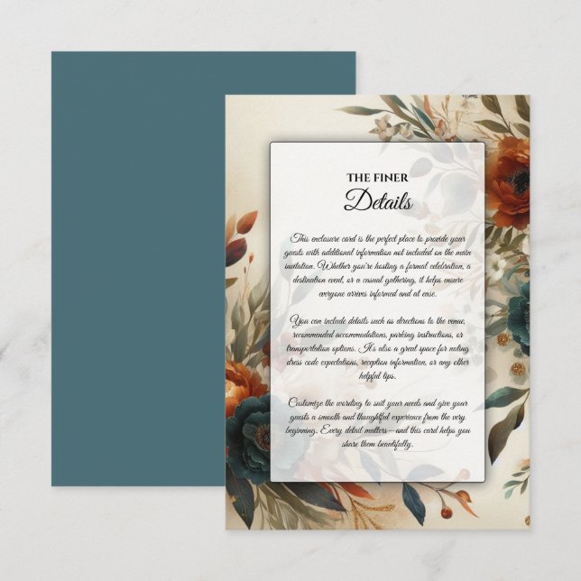 Burnt Orange and Blue Fall Flowers Wedding Enclosure Card (Front/Back)