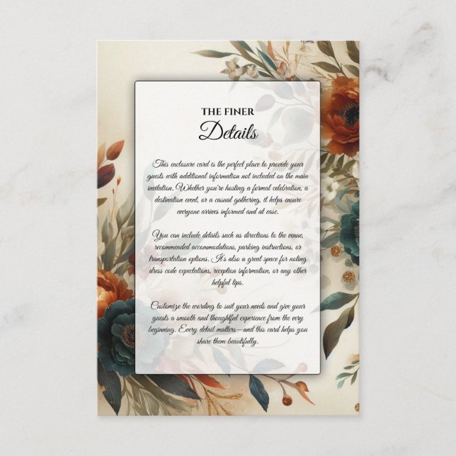 Burnt Orange and Blue Fall Flowers Wedding Enclosure Card (Front)