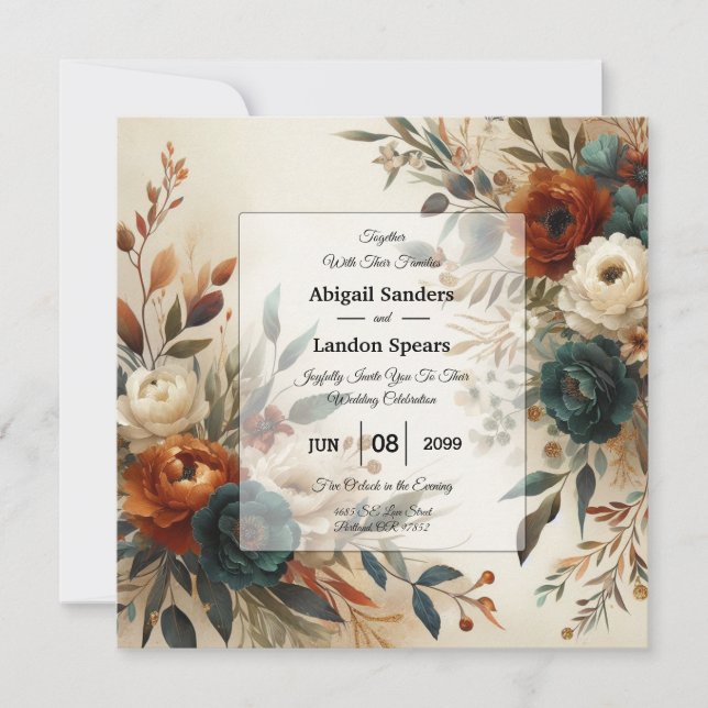 Burnt Orange and Blue Fall Flowers Wedding Invitation (Front)