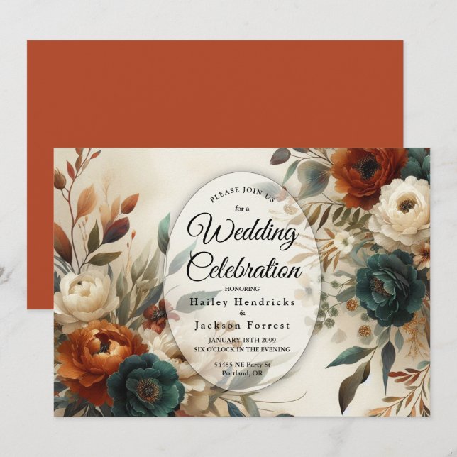 Burnt Orange and Blue Fall Flowers Wedding  Invitation (Front/Back)