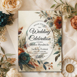 Burnt Orange and Blue Fall Flowers Wedding Invitation