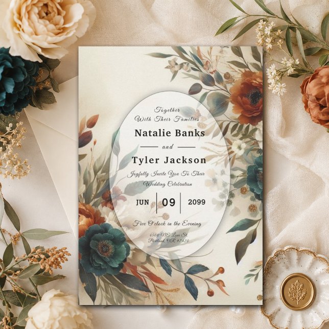 Burnt Orange and Blue Fall Flowers Wedding Invitation (Creator Uploaded)