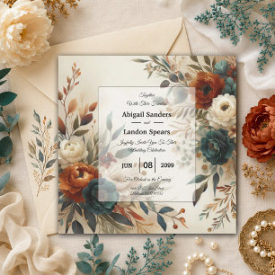 Burnt Orange and Blue Fall Flowers Wedding Invitation
