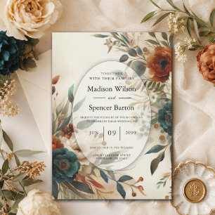 Burnt Orange and Blue Fall Flowers Wedding Invitation