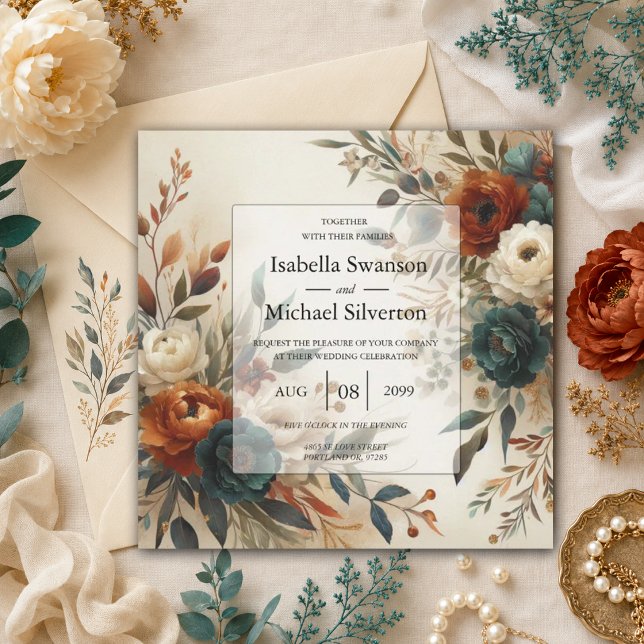 Burnt Orange and Blue Fall Flowers Wedding Invitation (Creator Uploaded)