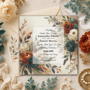Burnt Orange and Blue Fall Flowers Wedding Invitation