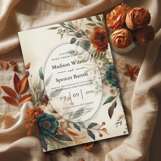 Burnt Orange and Blue Fall Flowers Wedding  Invitation (Creator Uploaded)