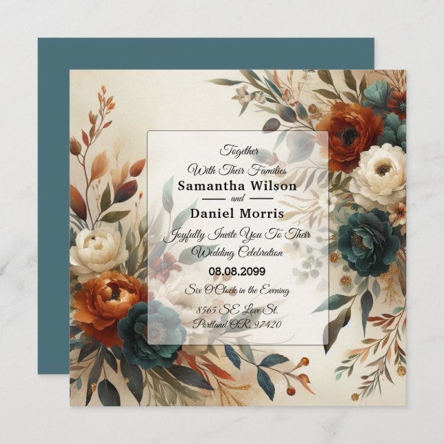 Burnt Orange and Blue Fall Flowers Wedding Invitation (Front/Back)
