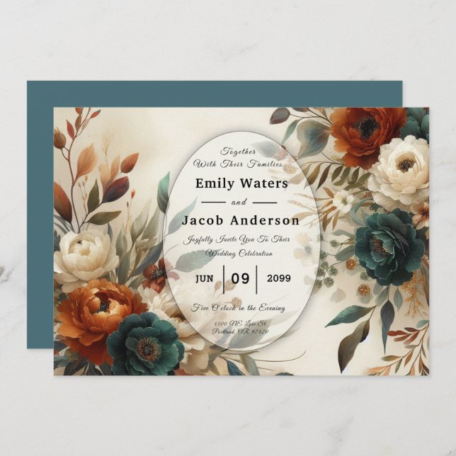 Burnt Orange and Blue Fall Flowers Wedding  Invitation (Front/Back)