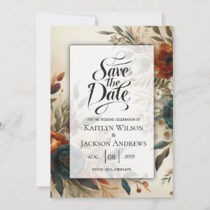 Burnt Orange and Blue Fall Flowers Wedding Save The Date