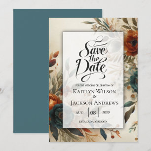 Burnt Orange and Blue Fall Flowers Wedding Save The Date