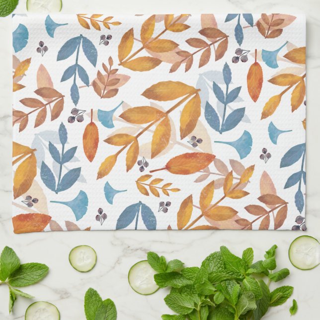 Burnt Orange and Blue Fall Leaves Kitchen Towel (Folded)
