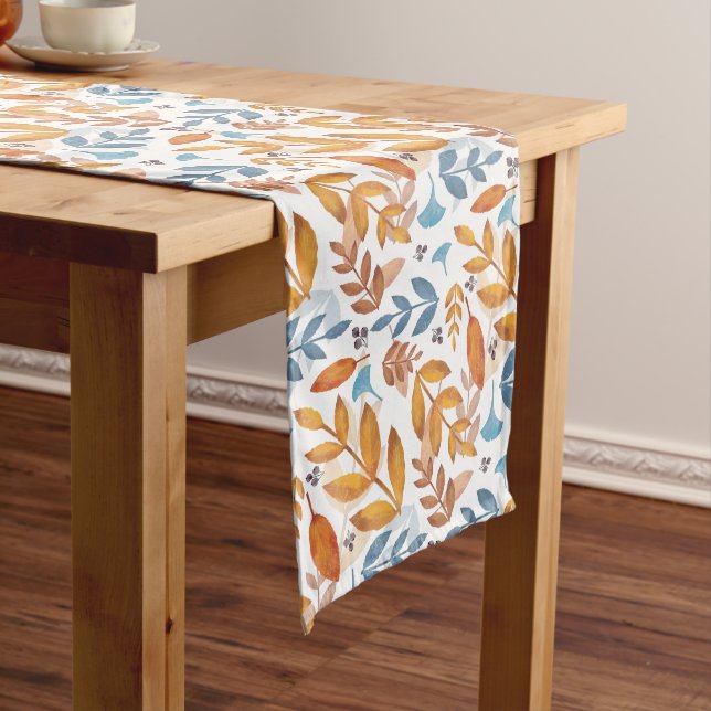 Burnt Orange and Blue Leaves Long Table Runner (In Situ)