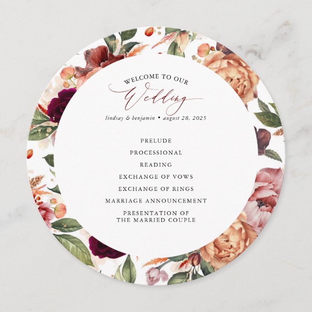 Burnt Orange and Burgundy Red Wedding Programs (Front)