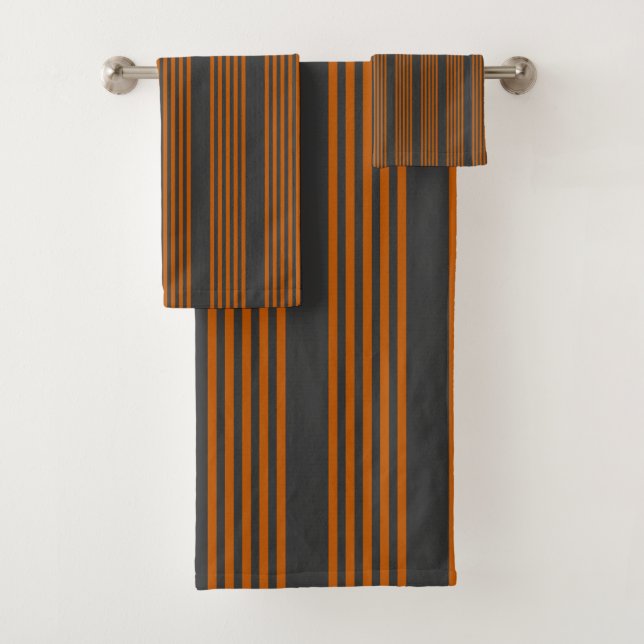 Burnt orange and charcoal five stripe pattern bath towel set (Insitu)