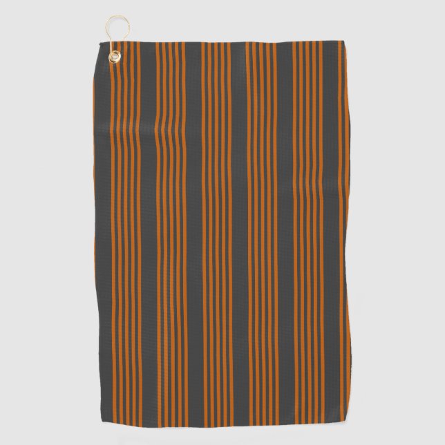 Burnt orange and charcoal five stripe pattern golf towel (Front)