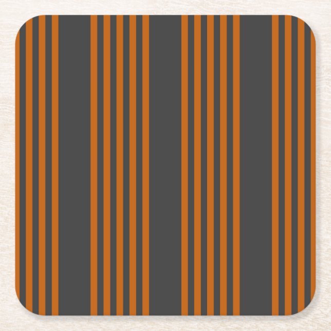 Burnt orange and charcoal five stripe pattern square paper coaster (Front)