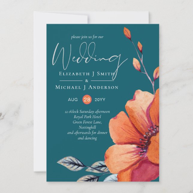 Burnt Orange and Dark Teal Wedding Invitations (Front)
