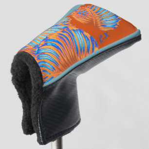Burnt Orange and Electric Blue Tropical Leaves Golf Head Cover