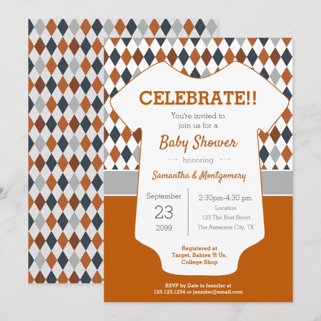 Burnt Orange and Grey Argyle Patterned Baby Shower Invitation (Front/Back)