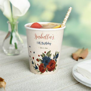 burnt orange and navy blue floral paper cups