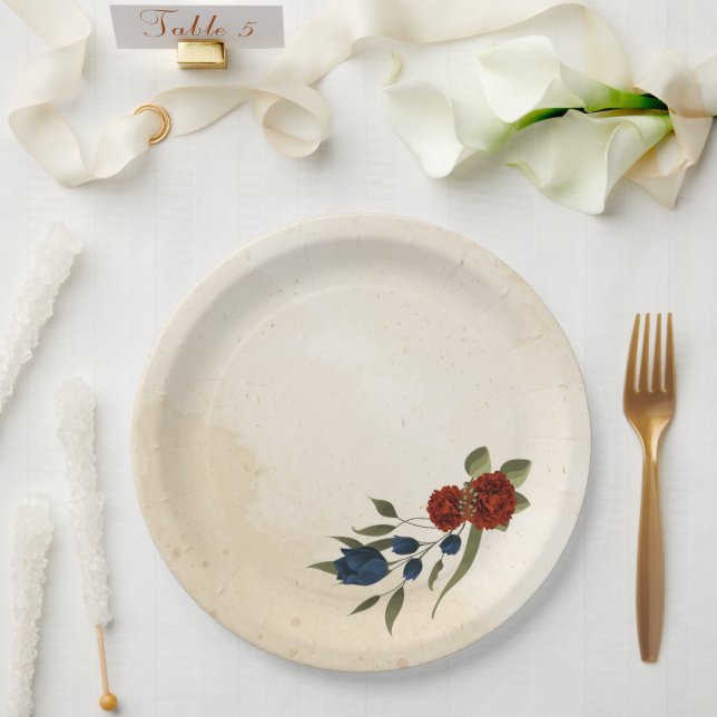 burnt orange and navy blue floral paper plate (Wedding)