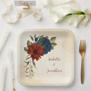 burnt orange and navy blue floral paper plate