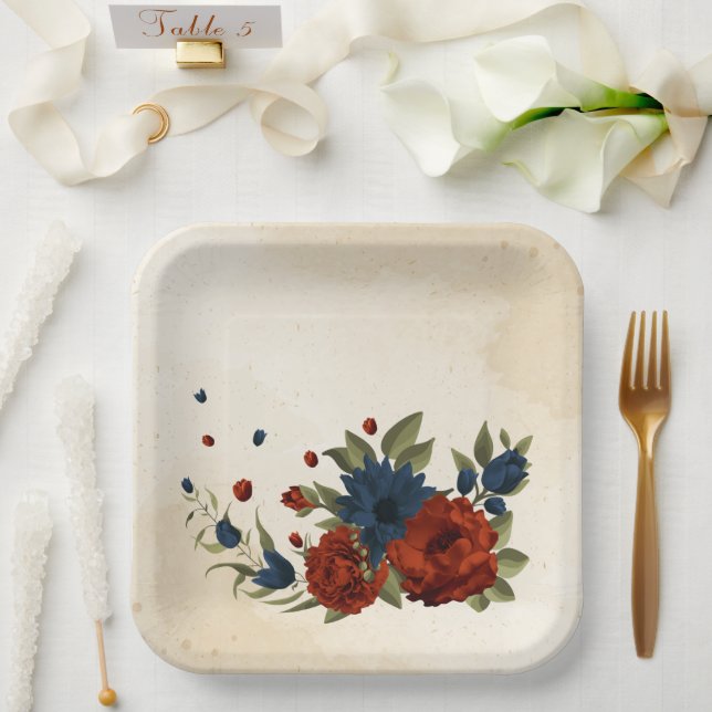 burnt orange and navy blue floral paper plate (Wedding)
