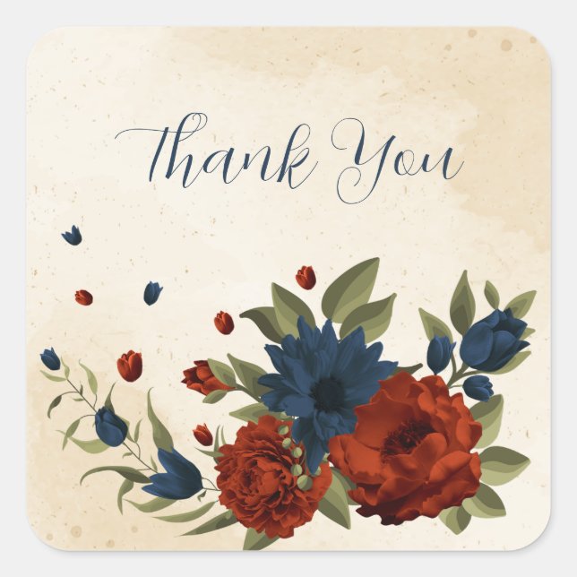 burnt orange and navy blue floral thank you square sticker (Front)