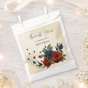 burnt orange and navy blue floral wedding favour bag