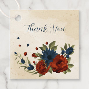 burnt orange and navy blue floral wedding favour tags