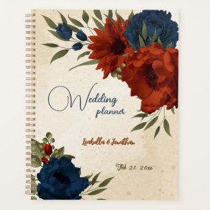burnt orange and navy blue floral wedding planner