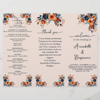 Burnt Orange and Navy Floral Roses Wedding Program