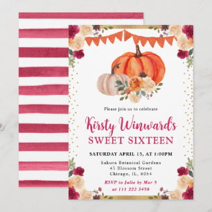 Burnt Orange and Red Floral Pumpkins Fall Sweet 16 Invitation