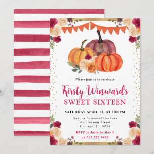 Burnt Orange and Red Floral Pumpkins Fall Sweet 16 Invitation
