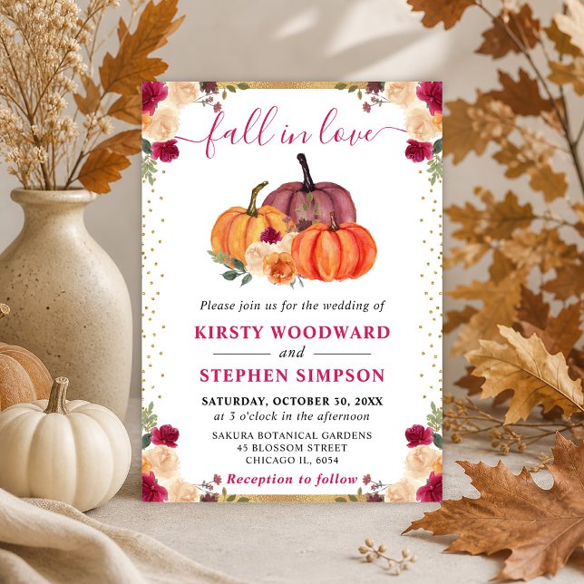 Burnt Orange and Red Floral Pumpkins Fall Wedding Invitation (Creator Uploaded)