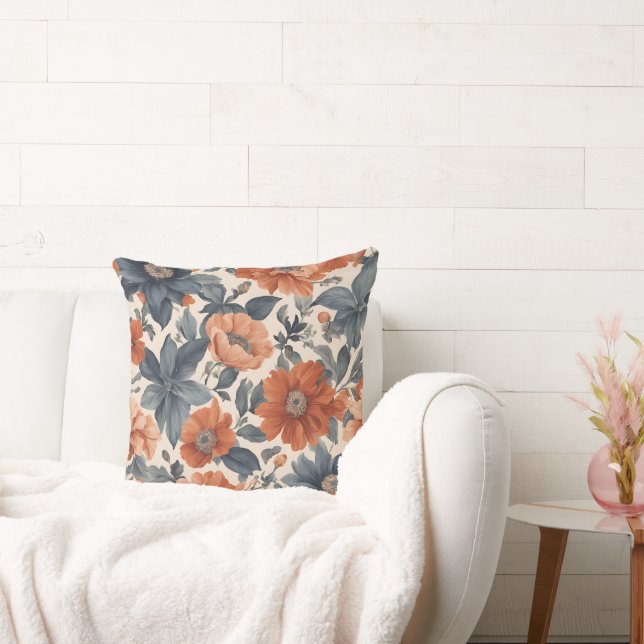 Burnt Orange and Smoky Blue Floral Throw Pillow (Couch)