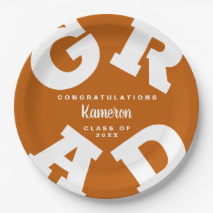 Burnt Orange and White Bold Text Graduation Paper Plate
