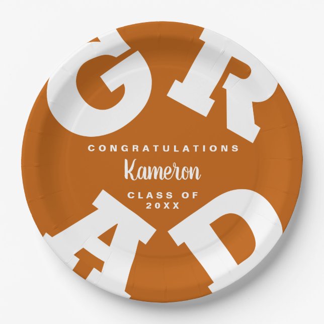 Burnt Orange and White Bold Text Graduation Paper Plate (Front)