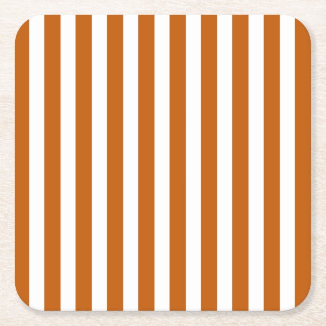 Burnt orange and white candy stripes square paper coaster (Front)
