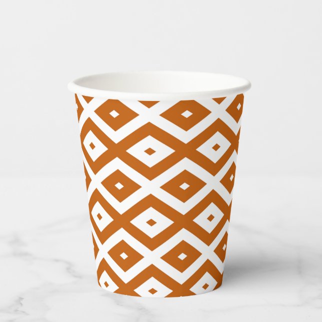 Burnt orange and white diamond pattern paper cups (Front)