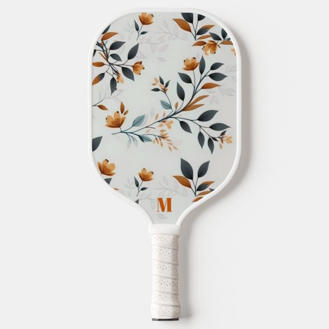 Burnt Orange and White Field Flower Monogram  Pickleball Paddle (Front)
