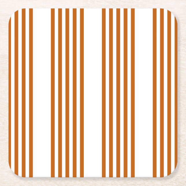 Burnt orange and white five stripe pattern square paper coaster (Front)
